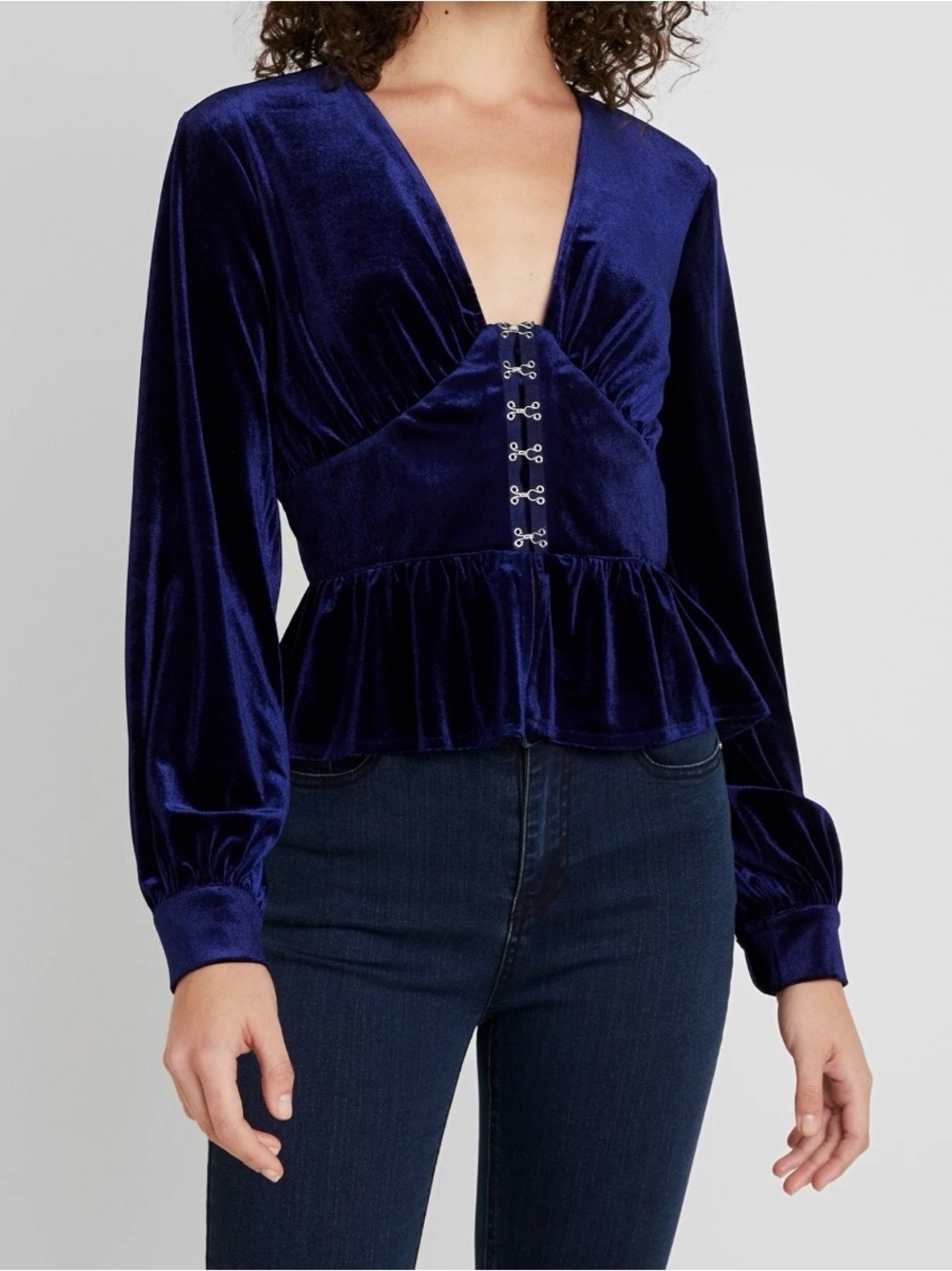 Missguided Velvet Hook-and-Eye Peplum Top - Navy